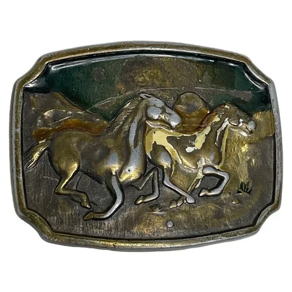 VINTAGE Wild Horses Solid Brass Belt Buckle Enamel U.S.A. Western Rustic Cowboy - Picture 10 of 10